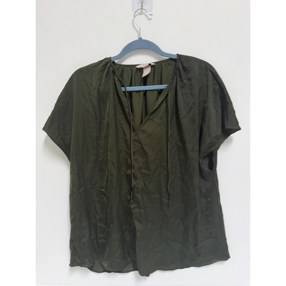 HM Dark Olive Green Short Sleeve Tie Neck Blouse Top Medium